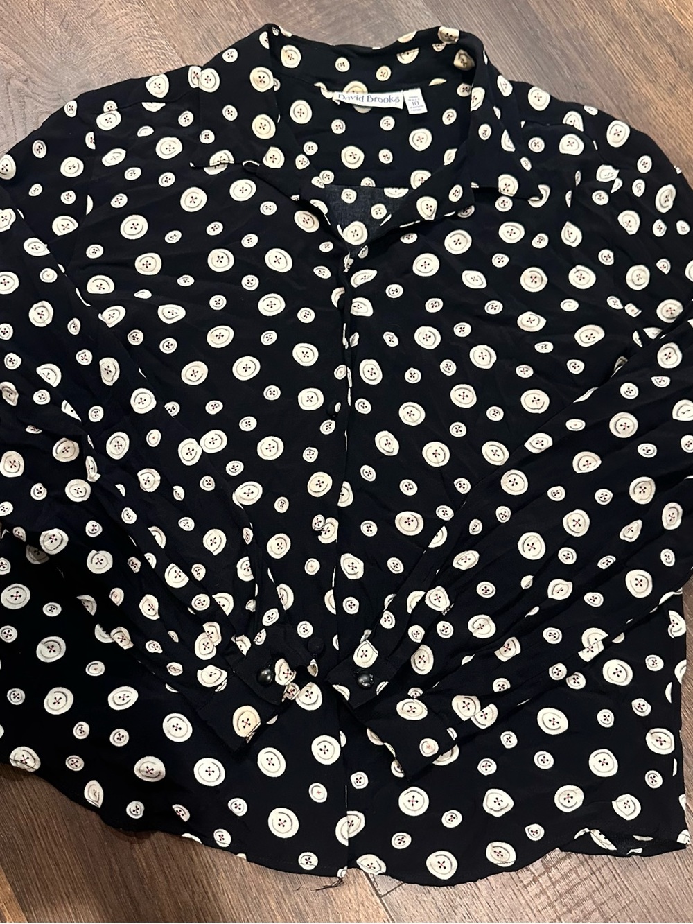 Vintage 1970s-80s David Brooks Black Blouse with Ivory Button-Dot Print